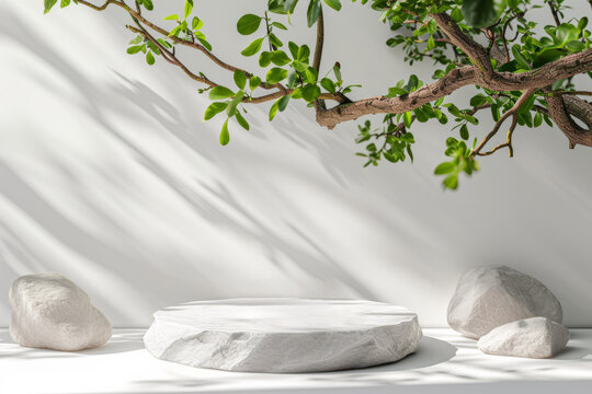 Stone Podium for promotion on white Background. Natural pedestal with tree branch. Beauty product mockup. Scene to show products. AI generative