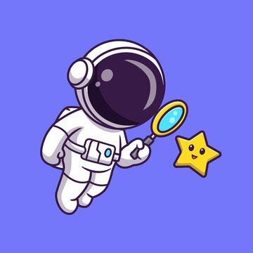 Cute Astronaut Looking Star With Magnifying Glass Cartoon Vector Icon Illustration Science Techno