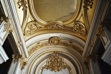 Obraz premium Abstract ornamental vintage aesthetics marble framed wall hanging, in the style of intricate frescoes ceiling design. Luxurious baroque style patchwork patterns. Decorative borders with gold.