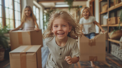 Happy young family with cardboard boxes in new home at moving day concept,generative ai