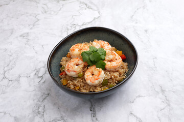 Fried rice and prawn in bowl. Spicy Shrimp Fried Rice