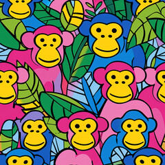 Monkey happy simple childish cartoon line art colorful repeat pattern, vibrant bright