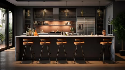 Foto op Plexiglas A sleek kitchen with an island bar and trendy bar stools for seating © Warda