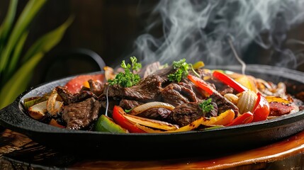 Beef kebab with vegetables in frying pan on wooden table