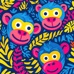 Fototapeta premium Monkey happy simple childish cartoon line art colorful repeat pattern, vibrant bright