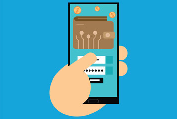  online and mobile payment methods,Electronic payments,investing, budgeting, and saving,A smart wallet with an application for payment by credit and debit card,Creatively illustrated,investment,vector