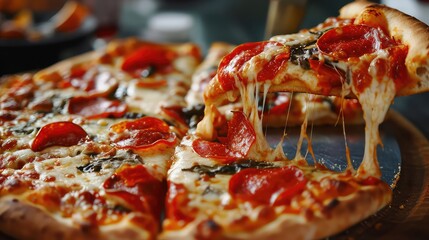 Pizza on a wooden board, close-up, selective focus
