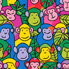 Monkey happy simple childish cartoon line art colorful repeat pattern, vibrant bright