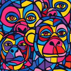 Monkey line art pop art cartoon colorful repeat pattern, vibrant bright party funky kawaii
