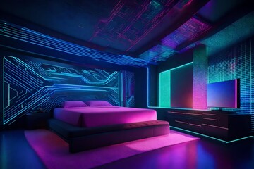 A futuristic bedroom setting with a digital wall mockup, projecting interactive patterns and colors.