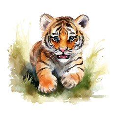 Cute tiger cartoon walking in watercolor painting style