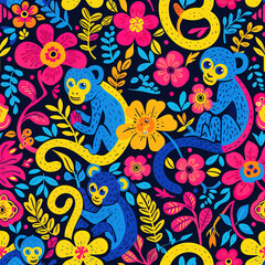 Fototapeta premium Monkey line art pop art cartoon colorful repeat pattern, vibrant bright party funky kawaii