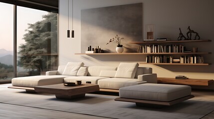 A sleek and stylish living space with a low-profile sofa and a series of floating shelves