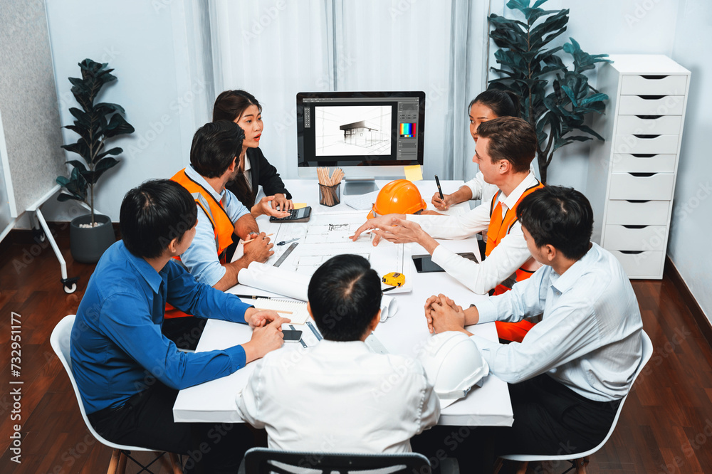 Poster diverse group of civil engineer and client working together on architectural project, reviewing cons