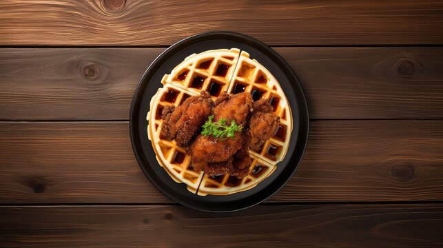 Belgian waffles with chicken and sauce on a wooden background.