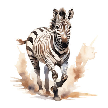 cartoon zebra running in watercolor painting style