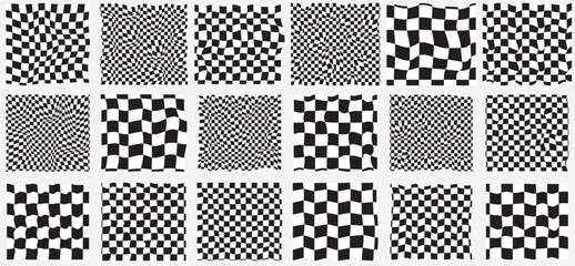 Trendy checkered pattern, black and white distorted tiled grid. Wavy curved backdrop, distortion effect. Funky geometric chessboard texture, retro background in 90s style, y2k. Vector illustration  - obrazy, fototapety, plakaty