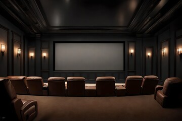 A cinematic shot of an empty solid wall mockup in a home theater, offering a customizable backdrop for movie-themed graphics or quotes.