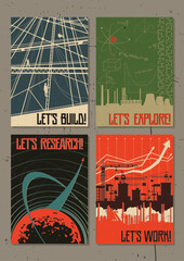 Let's build, work, explore and research! Retro Working and Scientific Propaganda Posters Style Illustration Set. Factory, Plant, Nuclear Station, Construction Site, Space Launch