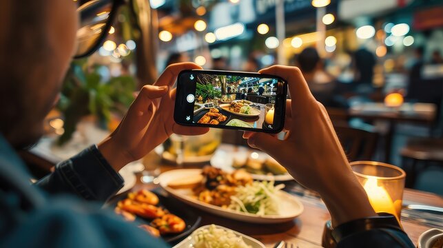 Man taking a photo of a food at a restaurant with his mobile phone