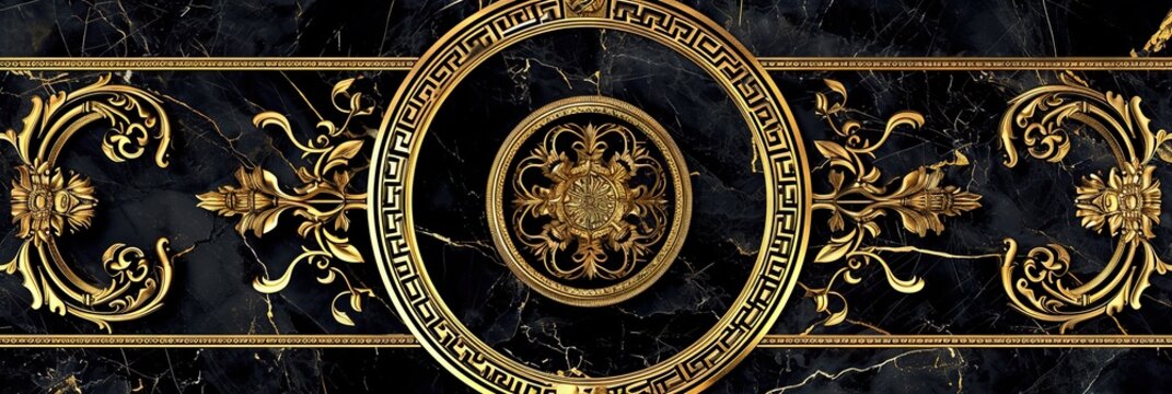 Abstract ornamental vintage aesthetics marble framed wall hanging, in the style of intricate frescoes ceiling design. Luxurious baroque style patchwork patterns. Decorative borders with gold. © Merilno