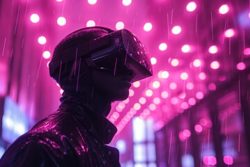 A black person in a black detective suit in a nighttime metaverse,copy space. 