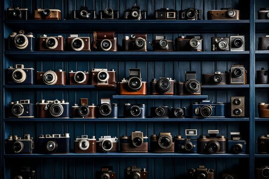 A series of vintage cameras neatly displayed on dark blue shelves, each capturing a different era