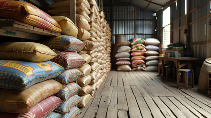 A warehouse with bulk rice bags in a distribution center,generative ai