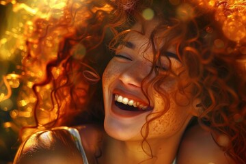 Joy incarnate, a radiant smile beneath a cascade of golden curls in a warm, sunlit glow.


