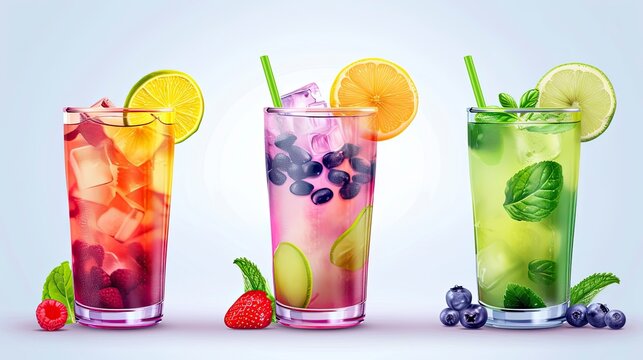 Set of multicolored summer drinks. Mojito, lemonade, berry, strawberry lemonade or cocktail with iced - generative ai
