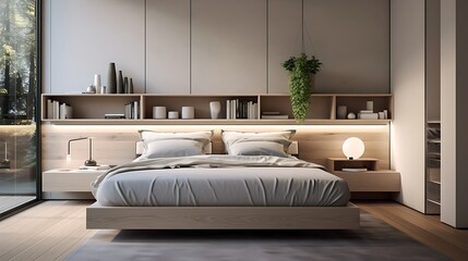 A serene bedroom with a headboard that contains hidden storage compartments