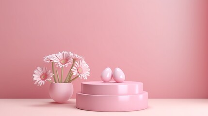 Happy easter pink pedestal product display stand or podium with gift box and cute easter egg and flower on pastel pink background 3D rendering, generative ai, 