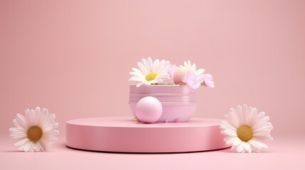 Happy easter pink pedestal product display stand or podium with gift box and cute easter egg and flower on pastel pink background 3D rendering, generative ai, 