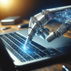 a robotic hand touching a laptop keyboard, a stock photo , trending on shutterstock, les automatistes, stockphoto, stock photo, future tech