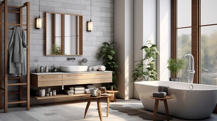 A Scandinavian-inspired bathroom with clean lines and wooden accents