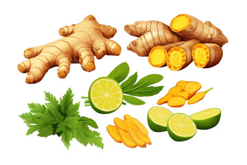 Set of turmeric, lemon, leaves, turmeric halberd, vector, transparent background