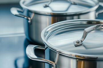 Stainless steel pots and frying pan on a metallic backdrop - obrazy, fototapety, plakaty