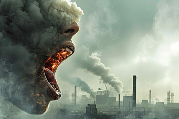 Harmful pollutants within the human body and consumption of pollutants depicted as an open mouth ingesting industrial toxins