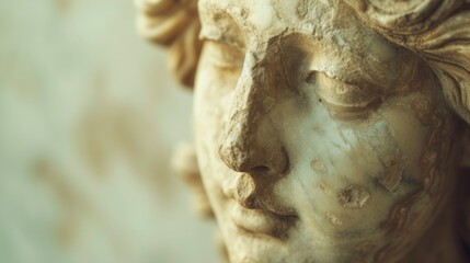 Close up face of Olympic goddess. Fragment of ancient statue
