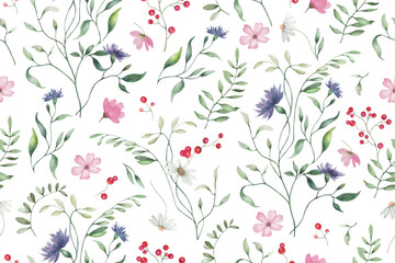 Seamless watercolor pattern. Hand drawn floral illustration isolated on white background. Vector EPS.