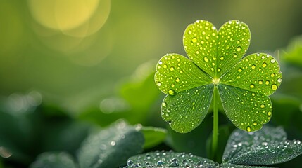 Close-up image of Irish Shamrock with drops of dew on its leaves. Wide-format St. Patrick's Day banner with copy space. AI Generated