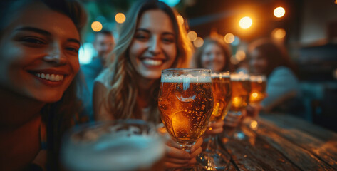 person with glass of beer, Group of Man and woman friends enjoy and fun