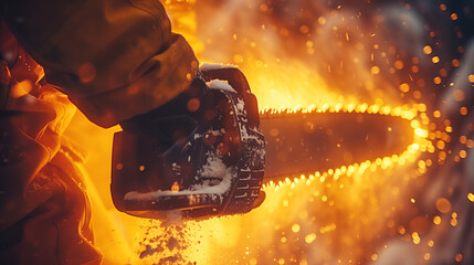 Gasoline chain saw in action.