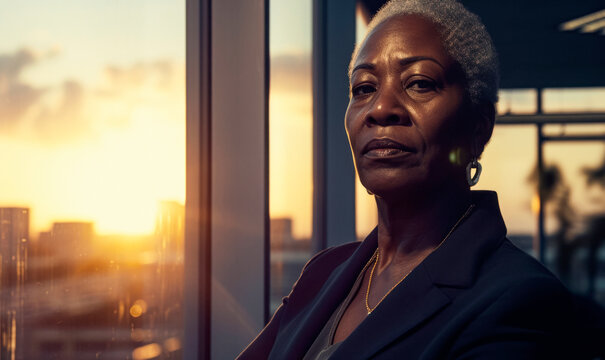 Black mature businesswoman with short white hair and leadership attitude