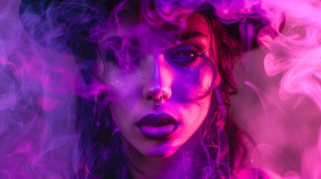 purple smoke in front of a beautiful woman