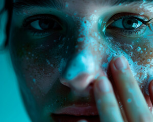 Close-up macro portrait of young woman applying a foaming facial cleanser for skincare treatment