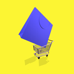 online shopping cart with shopping bags on a white background. Shopping Trolley. Grocery push cart. Minimalist concept, isolated cart. 3d render illustration,zero percent
