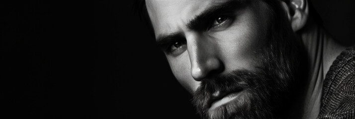 Face of a brutal bearded man on a black isolated banner background. A handsome, well-groomed young man with a beard and mustache. Panoramic black and white image.
