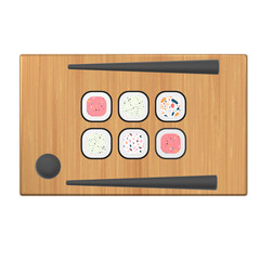 3D illustration of sushi and roll with chopsticks and soy sauce on a wooden table. 3D rendering of a cartoon Japanese food.