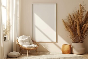 Blank frame for mockup, frame hanging on a wall, boho modern style.